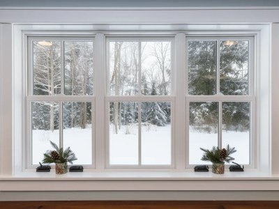Window In A Winter Scene With Pine Trees In The Background