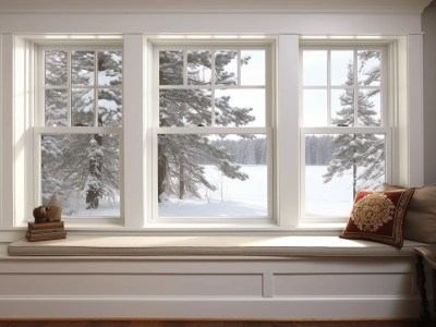 Window Sash With A Bench, Tree And Snow