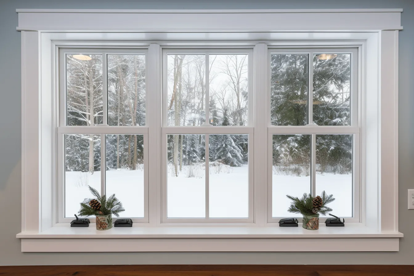 Windows with snow falling on them, serene and peaceful ambiance, weathercore, white and bronze, 8k resolution, crisp and clean lines, vibrant color scheme, detailed interiors