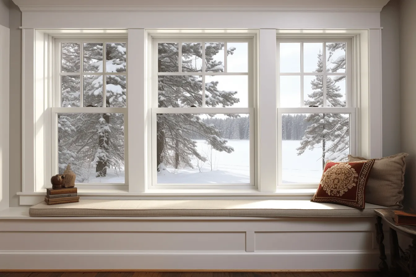 Window sash with a bench, tree and snow, expansive spaces, solarizing master, windows vista, traditional-modern fusion