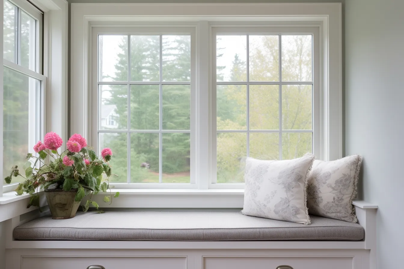 Arched window seat with a vase of roses, white and gray, 32k uhd, windows vista