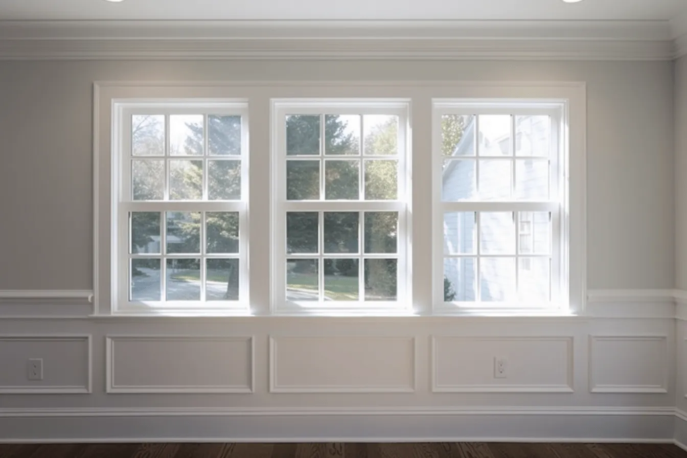 Window in a room has white trim and wood floors, 32k uhd, detailed and ornate designs, subtle chromatism, contemporary glass, whistlerian, classical architecture, hard edge painter