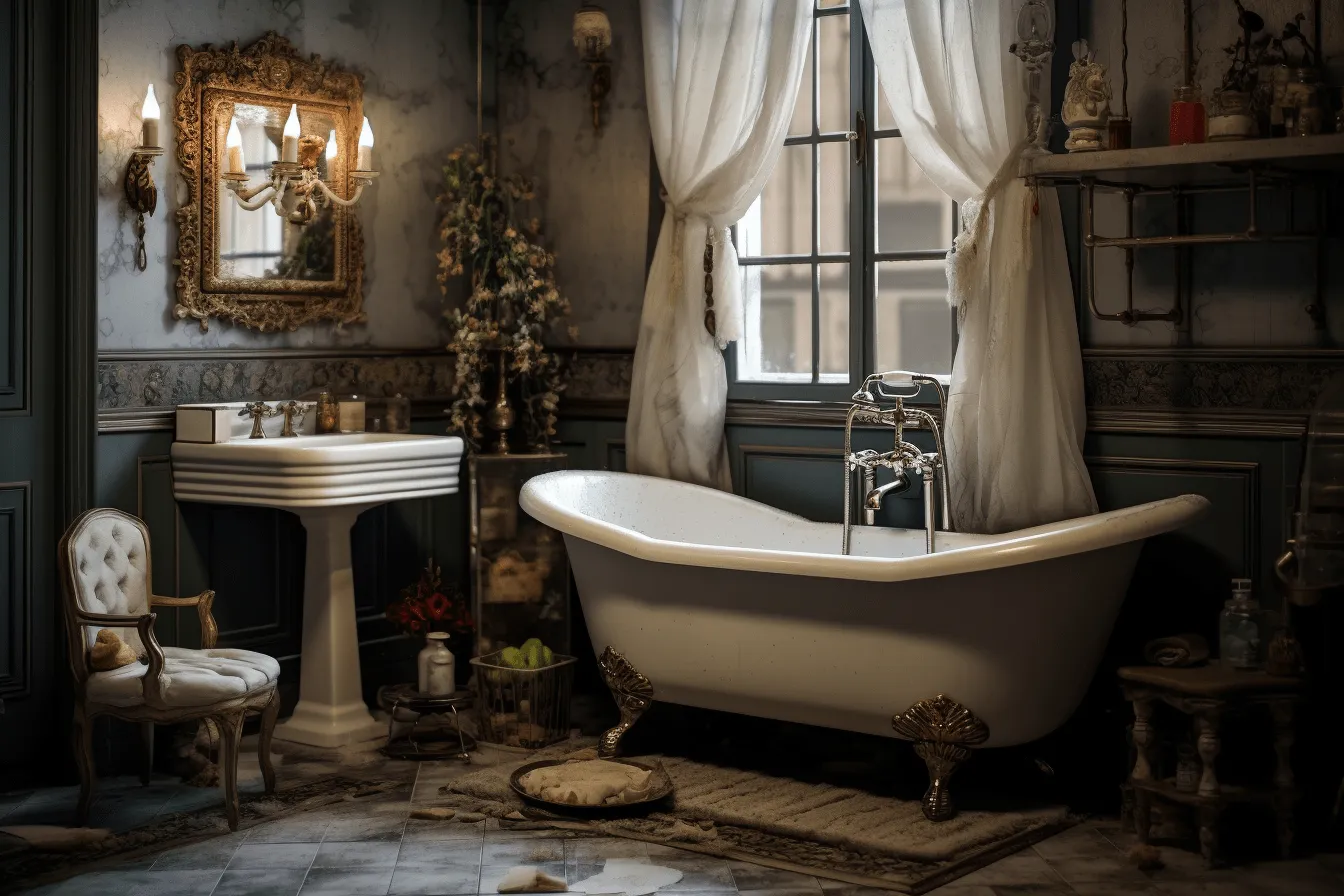 Has an ivy framed bathtub, mirror and other elements, realistic, detailed rendering, dark white and gold, vintage cinematic look, neo-victorian, highly staged scenes, uhd image, moody color schemes