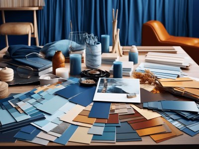 Wooden Board With Various Blue Color Samples, Blue Carpet And Blue Vase In The Background