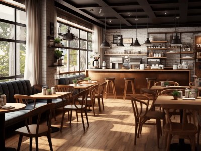 Wooden Cafe Bar Interior With Wood Floors