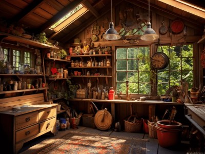 Wooden Storage Room With Pots And Tools On Shelves