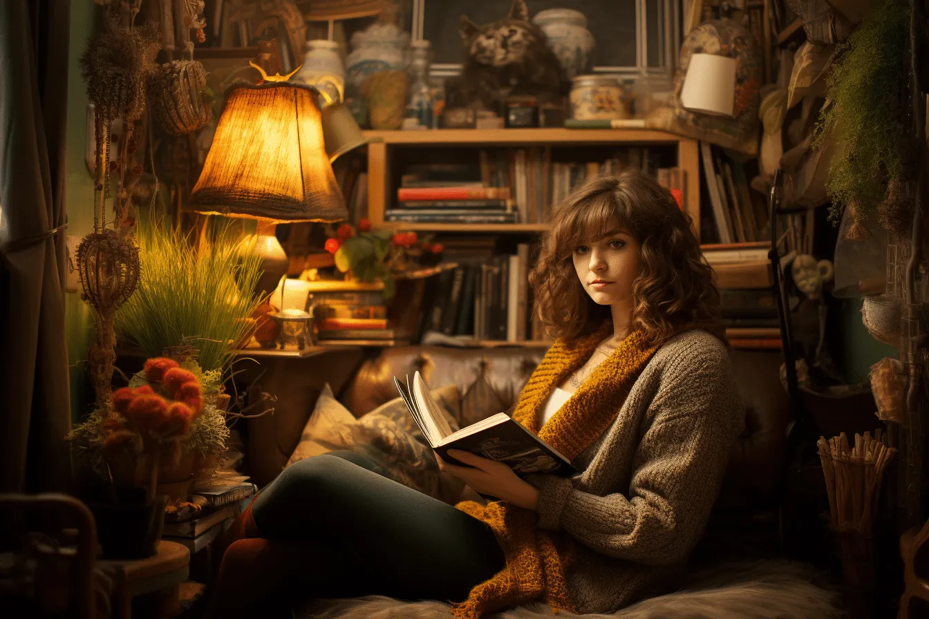 Girl reading book at home, mystical portraits, enchanting lighting, layered textures and patterns, cabincore, warm tones, volumetric lighting, uhd image