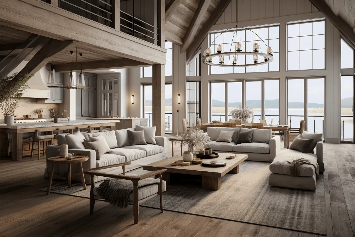 Wood and wood accents in a living room, global illumination, cottagecore, coastal and harbor views, ambient occlusion, multilayered, light navy and light beige, atmospheric and moody lighting