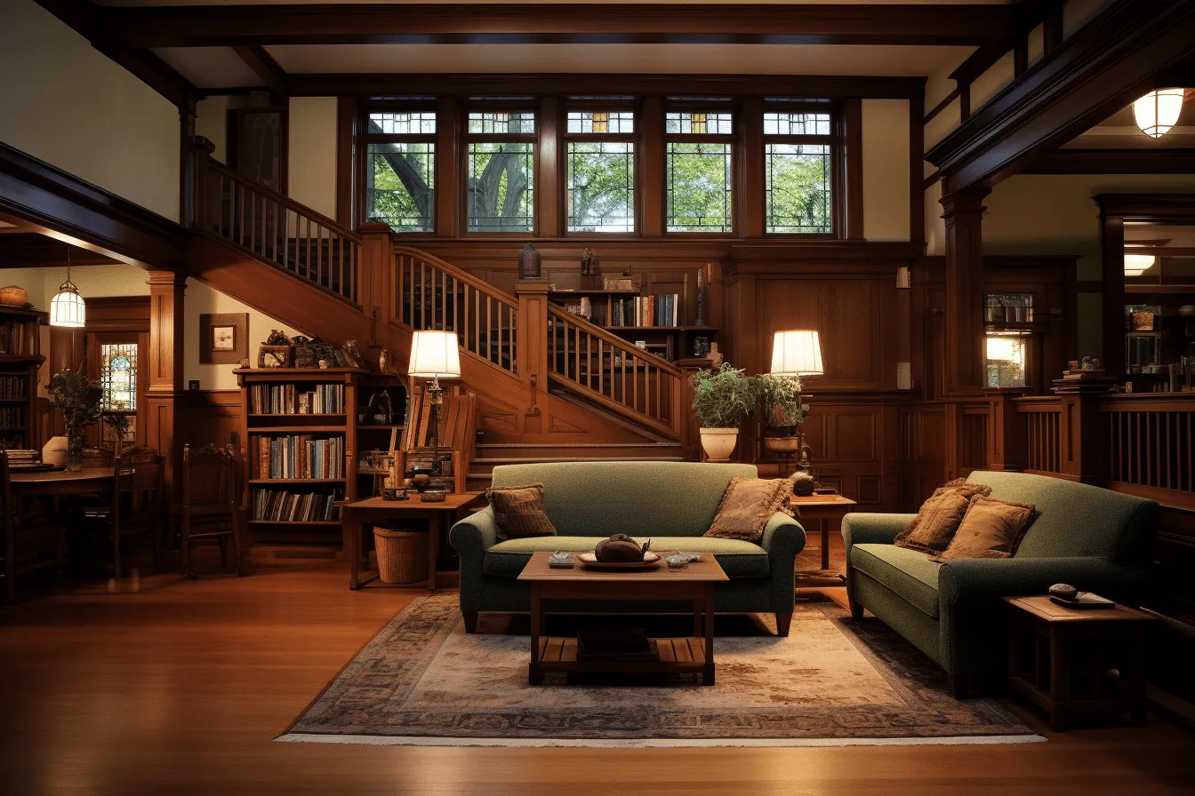 Green couch on the wooden floor, intricate woodwork, contemporary fact versus fiction, arts & crafts, skillful lighting, northwest school, dark brown and navy, detailed foliage