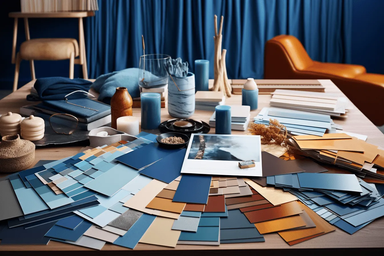 Design inspirations hd wallpapers and home color, azure and amber, photo-realistic compositions, deconstructed objects, dark beige and sky-blue, vray tracing, tabletop photography, dissected books