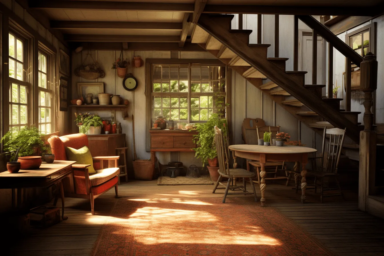 Old house, realistic interiors, ray tracing, uhd image, tranquil gardenscapes, dark orange and light amber, industrial angles, cabincore