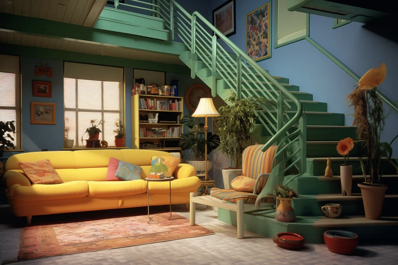 Couch in the room with a green chair and settee, pop culture references, fictional landscapes, rendered in maya, sun-soaked colours, highly staged scenes, cartoonish features, realistic color schemes